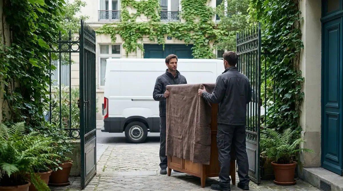 Movers carefully carrying a covered wardrobe through a Budapest courtyard overgrown with green plants