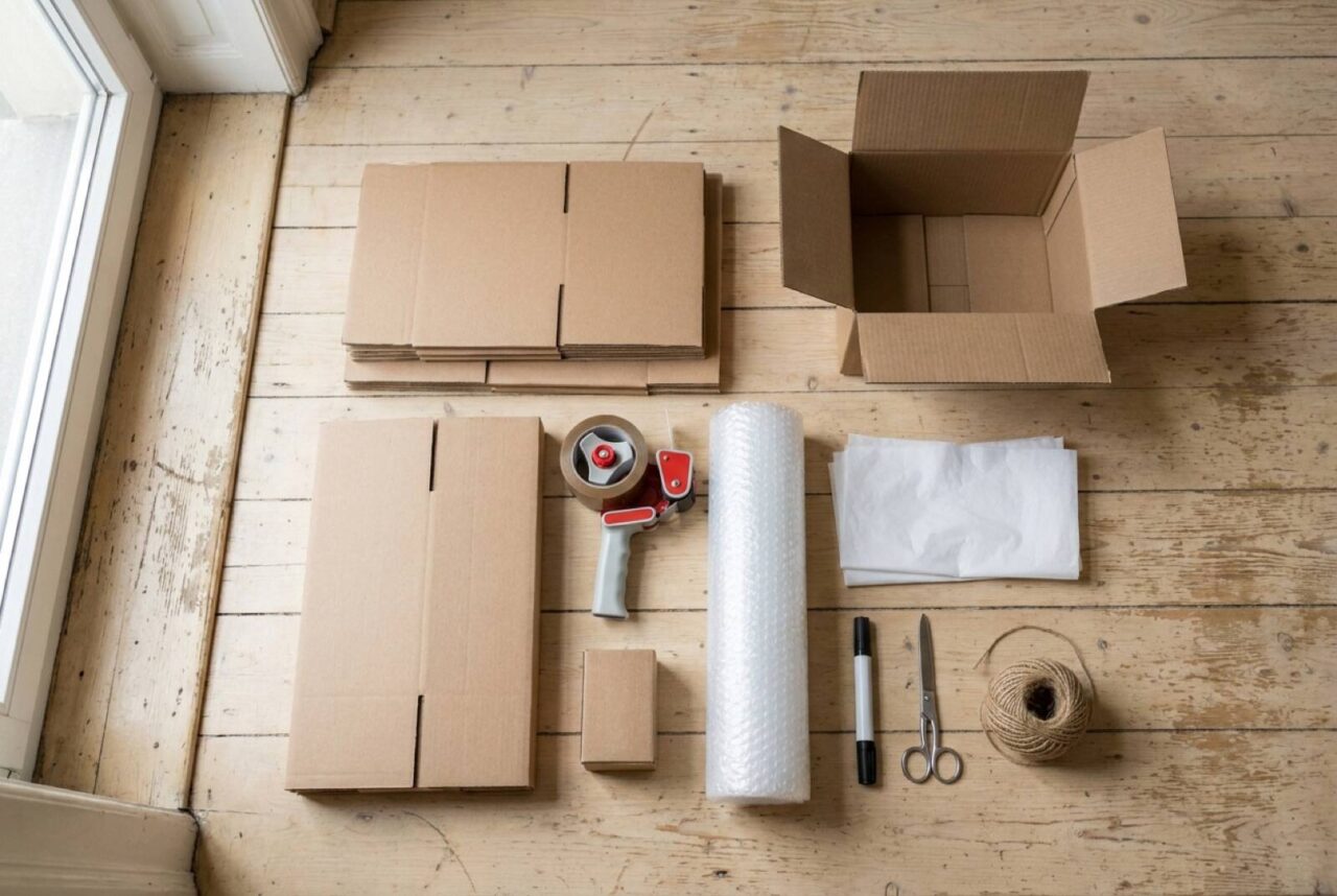 Packing supplies for a move: cardboard boxes, adhesive tape, bubble wrap, tissue paper, marker pen, scissors and string on the floor