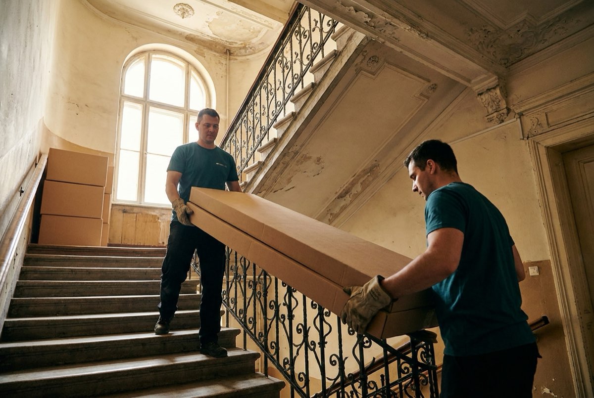 Két költöztető lapra szerelt bútorcsomagot visz fel egy budapesti bérház lépcsőházában