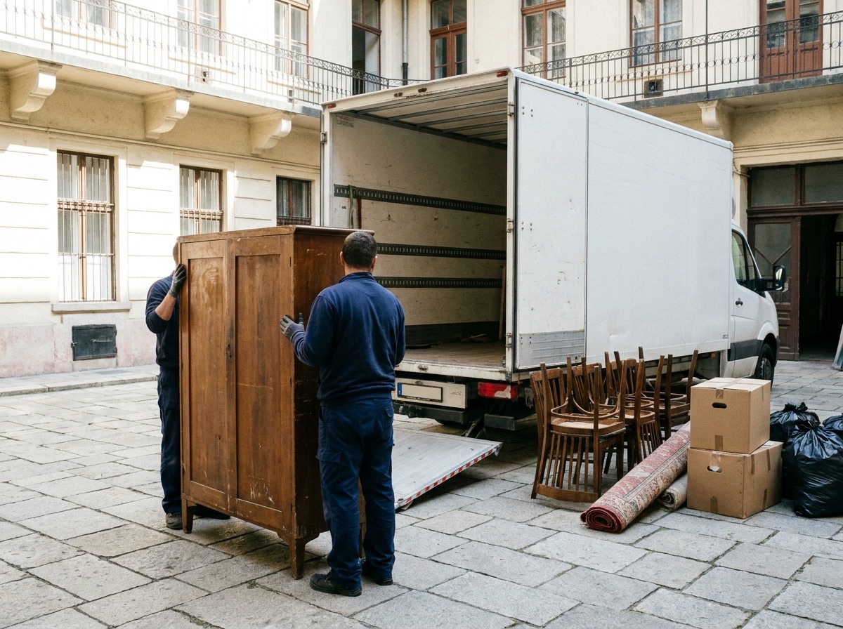Junk removal in Budapest: two movers carrying an old wardrobe to the truck, with chairs, a carpet and boxes next to it
