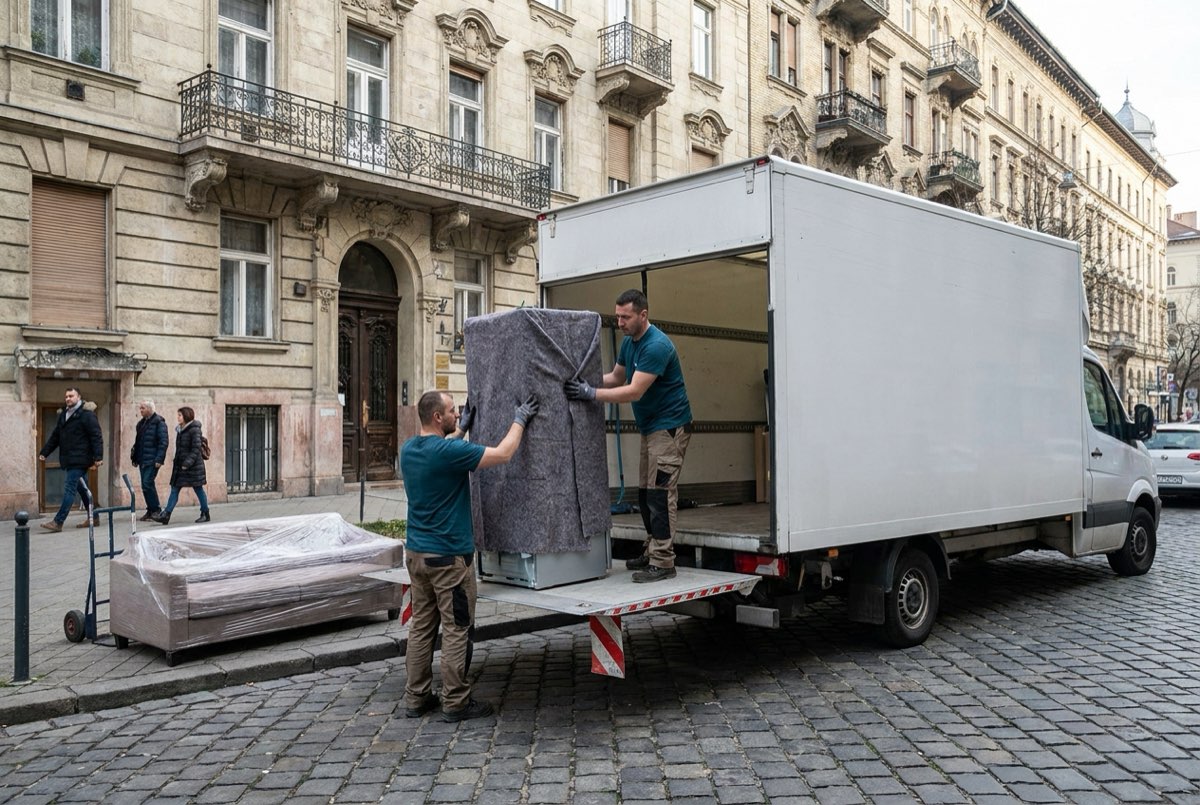 Két rakodó takaróval védett hűtőt emel egy teherautó emelőhátfalára egy budapesti utcán, mellettük fóliázott kanapé